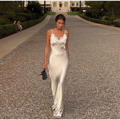 Lace Patchwork Sling Women's Dress Sexy Solid V-neck Sleeveless Backless Stain Female Maxi Dress 2026 Elegant Summer Party Gowns
