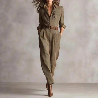 Fashion Lapel Collar Button Pocket Long Jumpsuit Women Casual Long Sleeve Solid Party Romper Elegant Street Loose Cargo Playsuit
