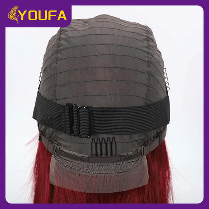Burgundy 13x4 Lace Front Wigs With Bangs New Style 100% Brazilian Straight Human Hair Wigs Transparent Lace Frontal Bang Wigs