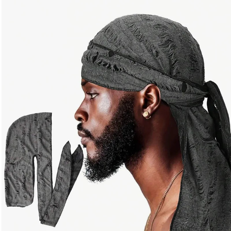 Men's Distressed Street Pirate Style Durag Head Wrap,Breathable Casual Streetwear Bandana with Double Long Tail Strap Pirate Hat