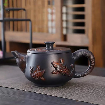 Purple Pottery Relief Teapot Hand-carved Dragon Pattern Beauty Kettle Traditional Ball Hole Filter Pot Chinese Zisha Tea Set