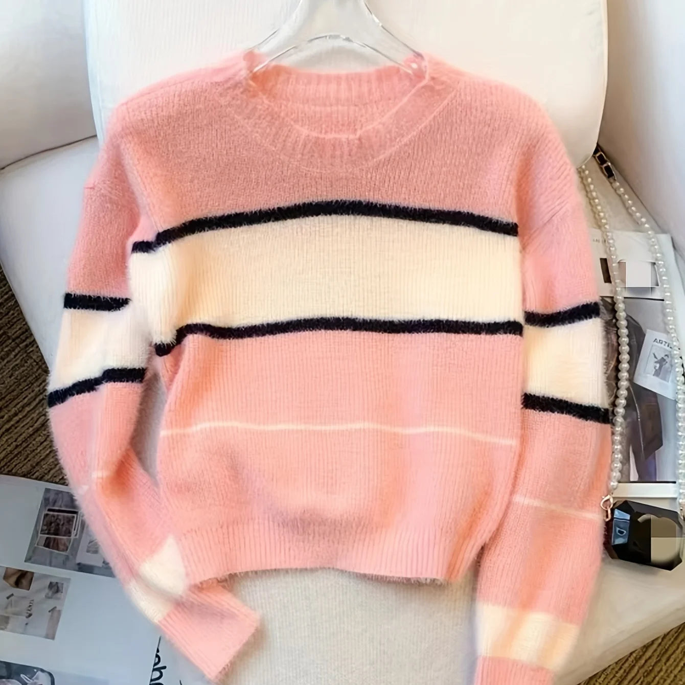 2026 New Winter Color Block Crew Neck Pullover Sweater,Crop Top Casual Long Sleeve Drop Shoulder Sweater Women's Clothing
