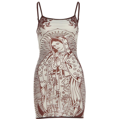 Whatiwear Chic Dress Women Elasticity Art Print Low-Neck See Through Skinny Sexy Midnight Summer New Trend Hottie Mini Bodycon