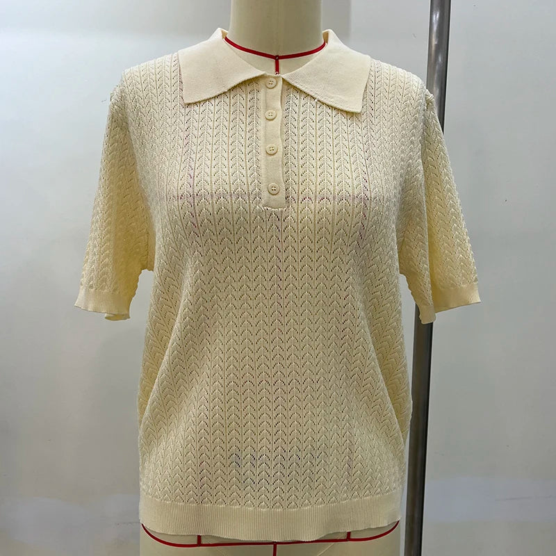 Typhaland Hollow Knitted T shirt Woman 2026 Summer New Short Sleeve Casual Loose Lapel Ins Hot Tops Lady Sweater T shirt Solid