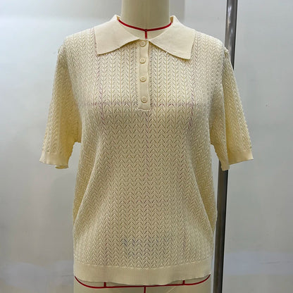 Typhaland Hollow Knitted T shirt Woman 2026 Summer New Short Sleeve Casual Loose Lapel Ins Hot Tops Lady Sweater T shirt Solid