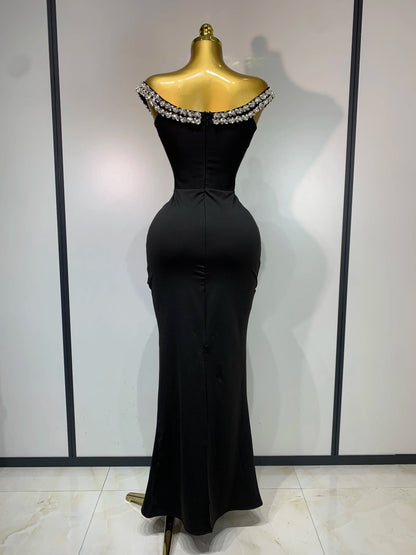Women Sexy Off Shoulder Shinning Diamond Bodycon Long Bandage Dresses Elegant Evening Party Birthday Cocktail Wedding Gowns
