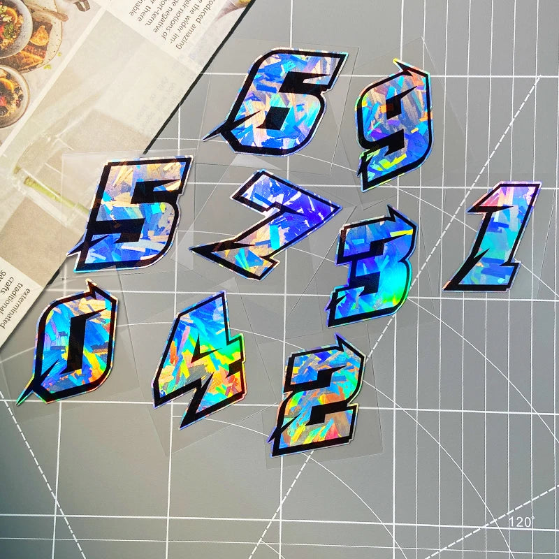 1PC Arabic Numbers Motorcycle Stickers Reflective Holographic Carbon Effect for Helmet Scooter Fuel Tank Front Fairing Decals