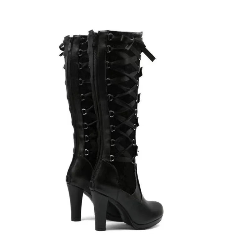 Platform Boots For Women Lace Up Chunky High Heel Mid Calf Boots Narrow Band Bow Knot Goth Gothic Shoes Winter 2024