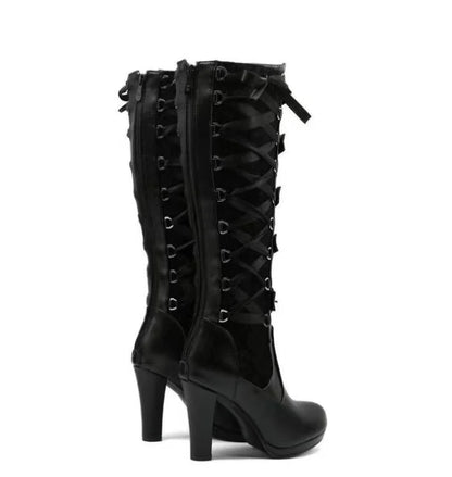 Platform Boots For Women Lace Up Chunky High Heel Mid Calf Boots Narrow Band Bow Knot Goth Gothic Shoes Winter 2024