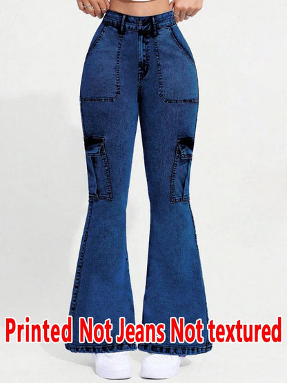 8175 [Printed Pants - Not Faux Denim Fabric][Imitation Faux Denim Flare Pants] Printed Flare Trousers Without Texture