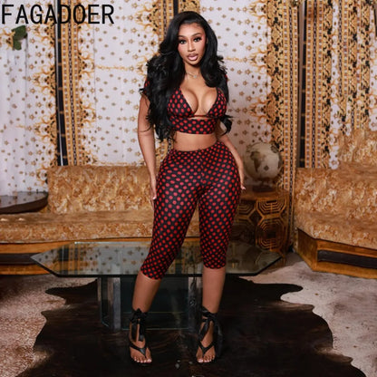 FAGADOER Sexy Woman 3 Piece Set Outfit Polka Dot Print Patchwork Short Sleeve Crop Top and Pants Matching Female Streetwear New