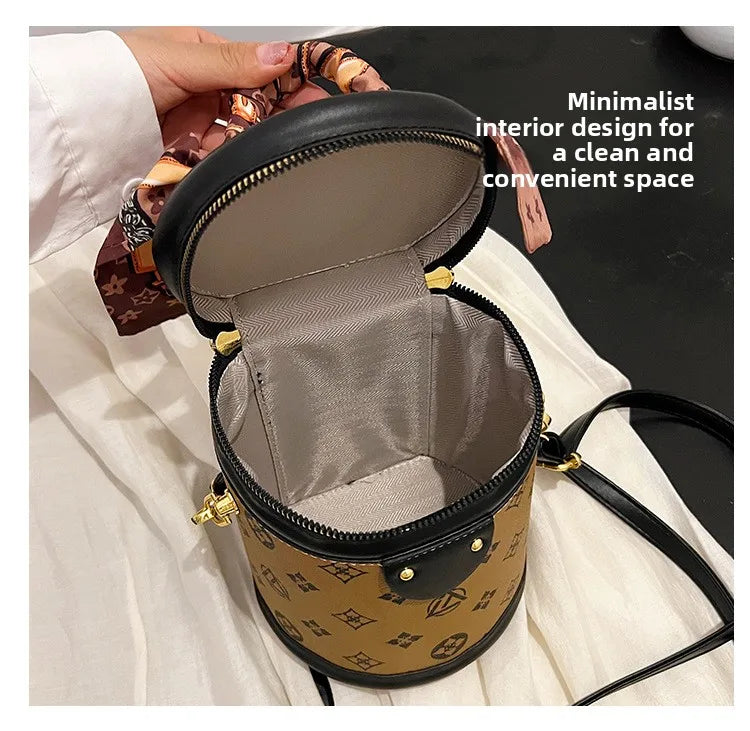 Stylish Printed Bucket Bag with Scarf Detachable Strap Shoulder Crossbody Bag for Women