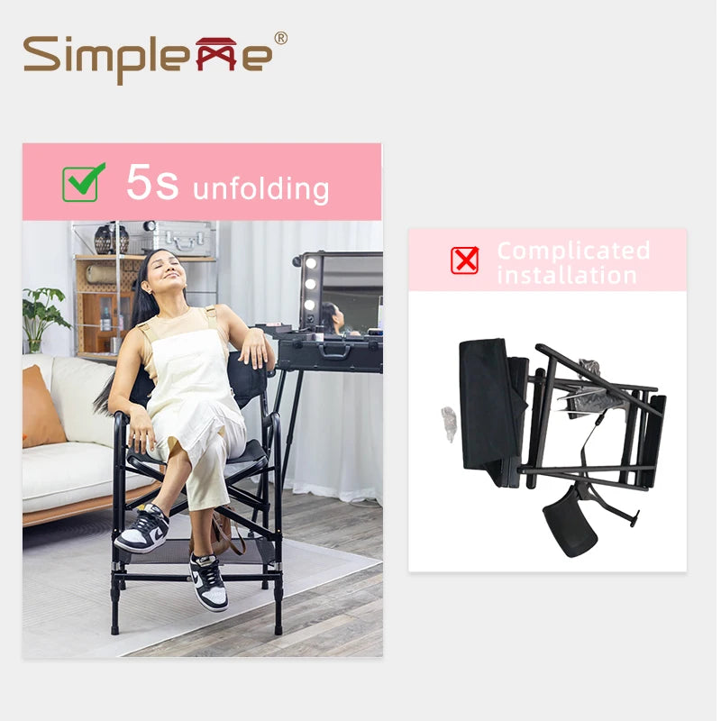 Simpleme Lightweight Aluminum Portable Folding Tall Director Adjustable High Makeup Artist Chair With Headrest