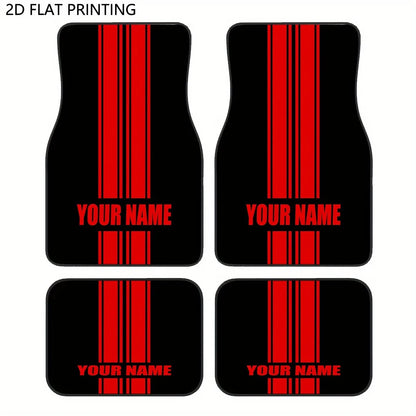Custom 4pcs Car Floor Mats With Personalized Name/Text - Red Vertical Stripes On Black, All-Season Durable Polyester Auto Liners