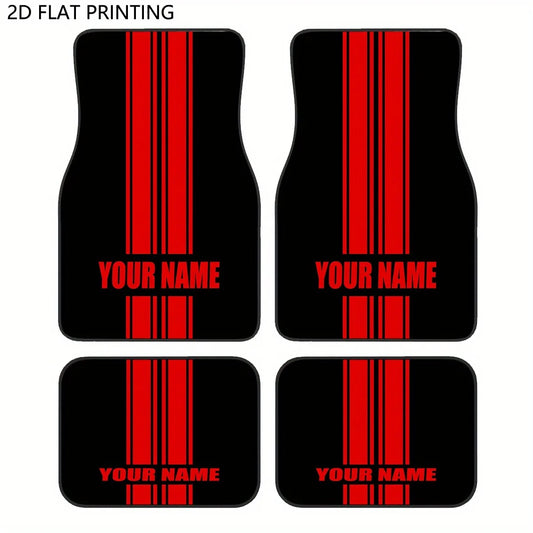 Custom 4pcs Car Floor Mats With Personalized Name/Text - Red Vertical Stripes On Black, All-Season Durable Polyester Auto Liners