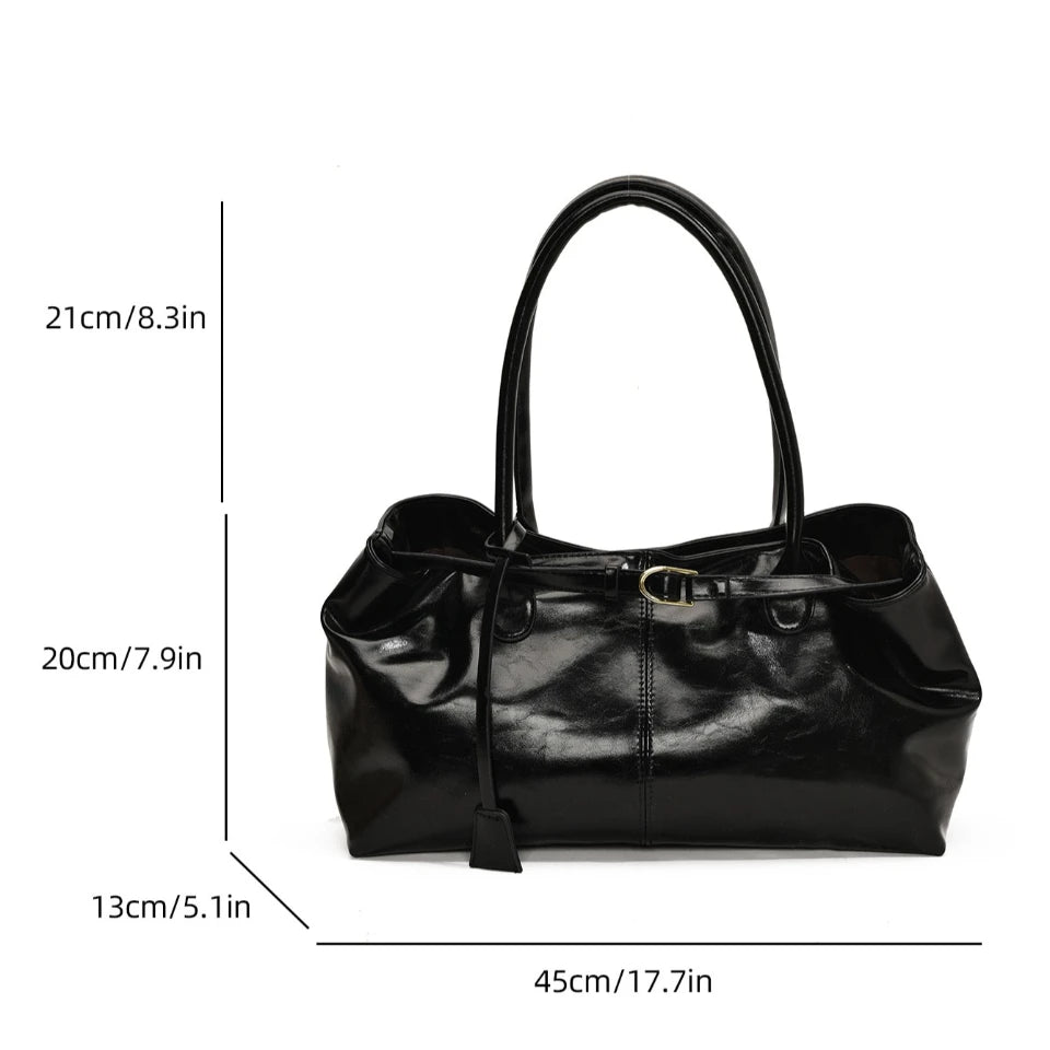 Women's Vintage Glossy Oil Wax Leather Tote Bag Buckle Casual Shoulder Handbag Elegant Work Bag for Daily Commute Top-handle Sac
