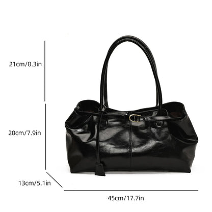 Women's Vintage Glossy Oil Wax Leather Tote Bag Buckle Casual Shoulder Handbag Elegant Work Bag for Daily Commute Top-handle Sac