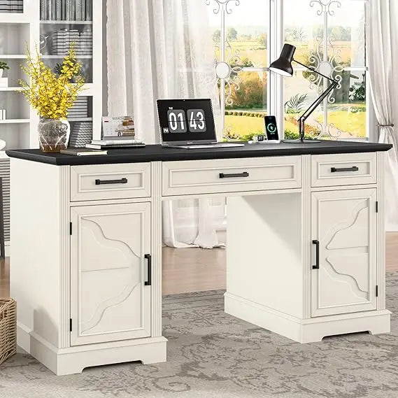 Rustic Executive Home Office Desk with Storage and Spacious File Drawer, Large Writing Desk for Bedroom in Black