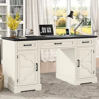 Rustic Executive Home Office Desk with Storage and Spacious File Drawer, Large Writing Desk for Bedroom in Black