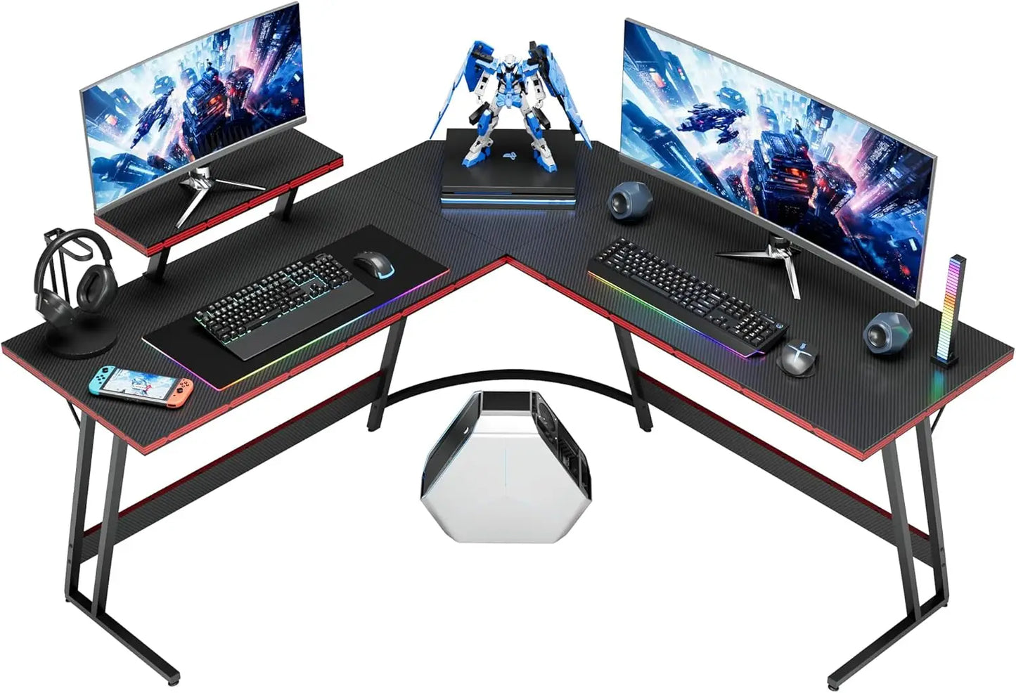 L-Shaped Gaming Desk with Monitor Stand, 51-Inch Corner Computer Table for Home Office, Sturdy Black Workstation