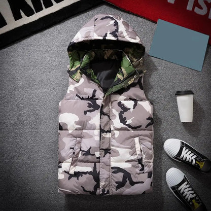 Winter Men Waistcoat Camouflage Thickened Cotton Padded Windproof Zipper Hooded Vest Coat for Daily Wear