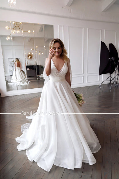 Customized Classic Deep V-neck Organza and Tulle Plus Size Wedding Dress Sexy Backless Court Bridal Gowns