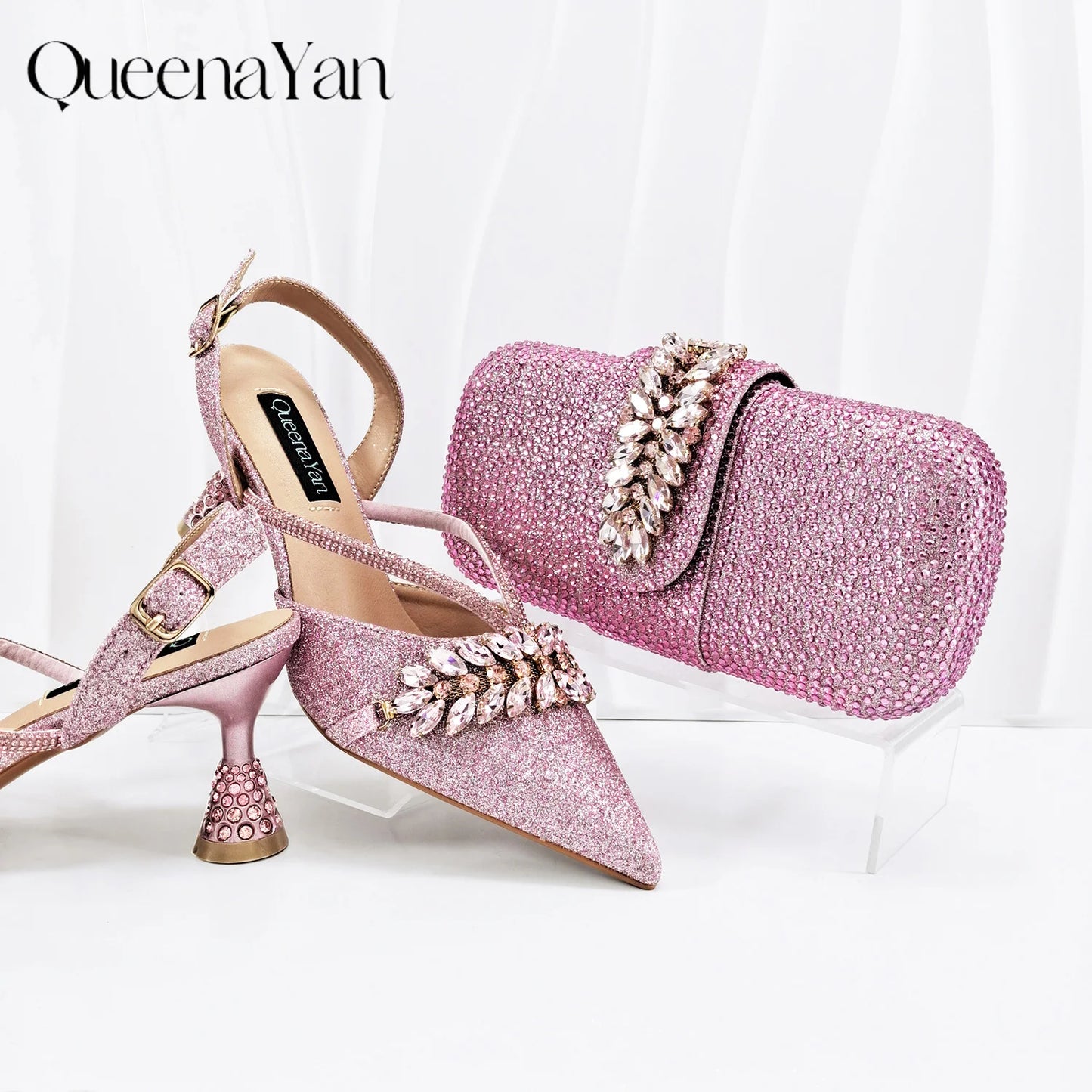 QueenaYan 2026 New Shiny Italian Fashion Pointed Toe Women Heel Fashion Rhinestone Decoration Pink Color Shoes And Bag Set