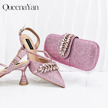 QueenaYan 2026 New Shiny Italian Fashion Pointed Toe Women Heel Fashion Rhinestone Decoration Pink Color Shoes And Bag Set