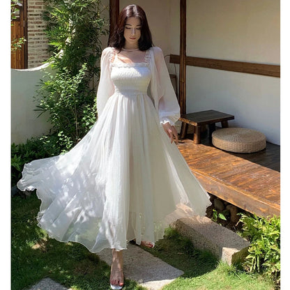 Horetong Elegant Maxi Dresses For Women White Off Shoulder Puff Long Sleeve Elastic High Waist Party Gown Ruffle Holiday Dress