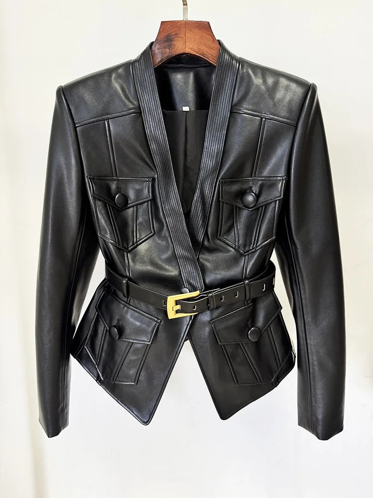 2025 new luxury and fashionable women's clothing belt slim fit leather jacket with multiple pockets motorcycle jacket jacket