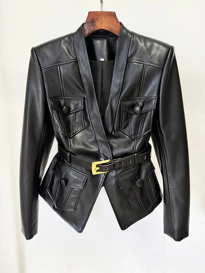 2025 new luxury and fashionable women's clothing belt slim fit leather jacket with multiple pockets motorcycle jacket jacket