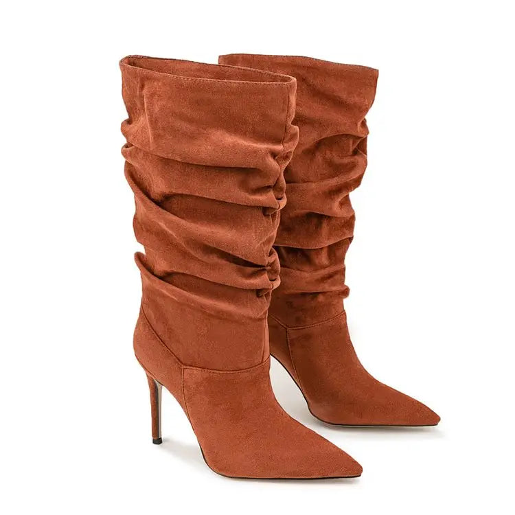 2025Women's Autumn and Winter New Pleated High-heeled Short Boots with Pointed Sleeves, Women's 35-47 Large Mid Length Boots
