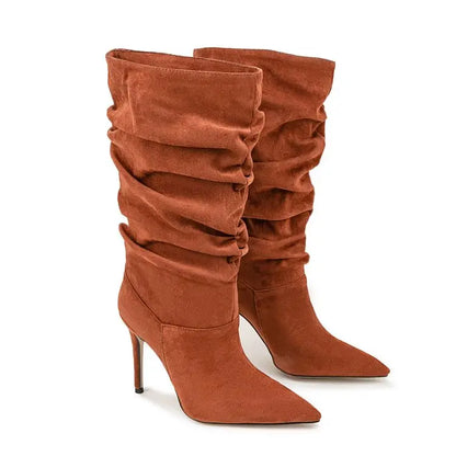 2025Women's Autumn and Winter New Pleated High-heeled Short Boots with Pointed Sleeves, Women's 35-47 Large Mid Length Boots