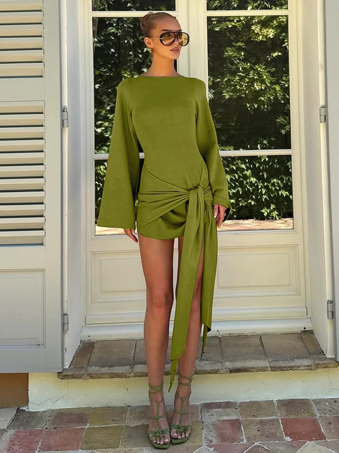 Dulzura 2025 Autumn Fashion Elegant O-Neck Long Sleeve Slim Fit Lace Up Mini Dress Ladies Solid Casual Clothes Party Club Outfit