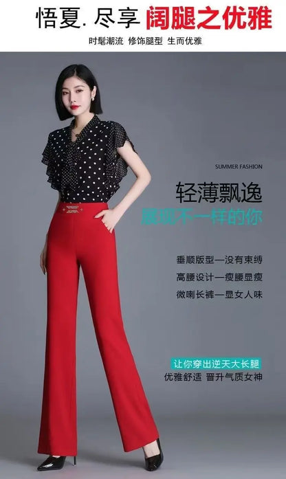 Women's Red High Waist Flare Pants With Metal le Detail Casual Long Trousers