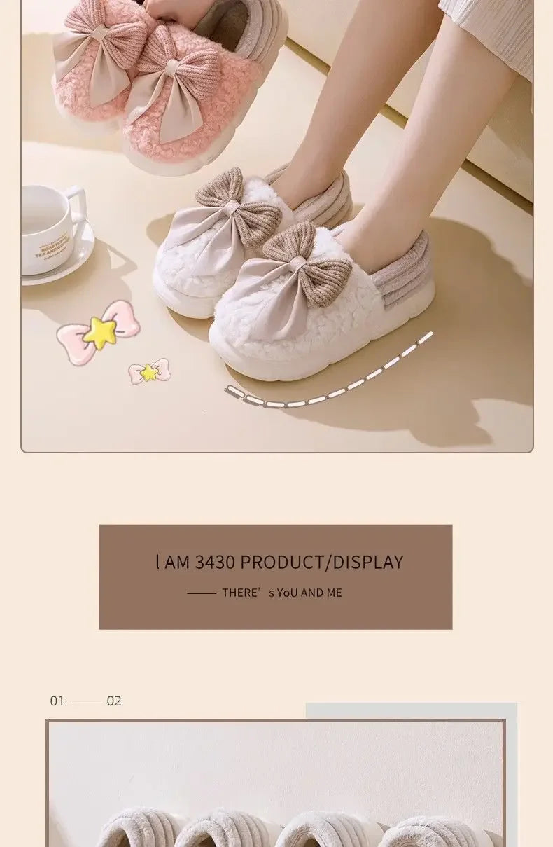 Thick Soled Non Slip Home Plush Slippers 2025 New Cotton Slippers for Women Bow Slippers for Autumn and Winter Warm for Women