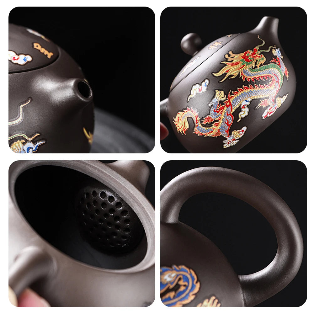 Hand-made Dragons Phoenixs Color-changing Purple Clay Teapot Reusable Tea Pot For Brewings Tea Cup Infuser Teapot Valuable Gift