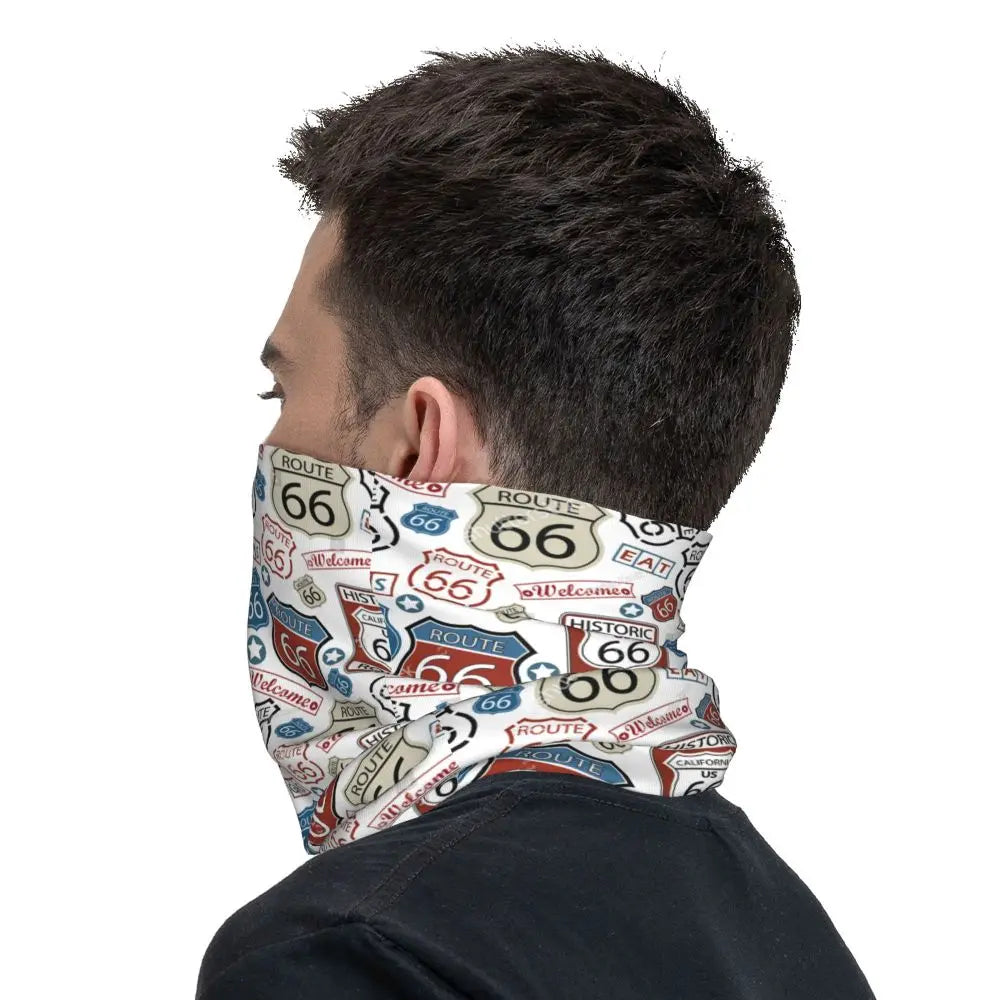 Custom Travel Motorcycle Ride Route 66 Bandana Winter Neck Warmer Windproof Wrap Face Scarf for Hiking Highways Gaiter Headband