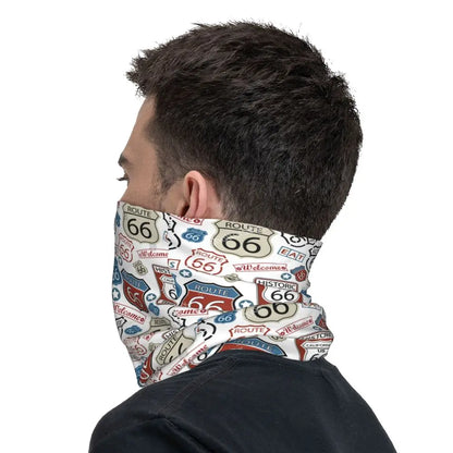 Custom Travel Motorcycle Ride Route 66 Bandana Winter Neck Warmer Windproof Wrap Face Scarf for Hiking Highways Gaiter Headband