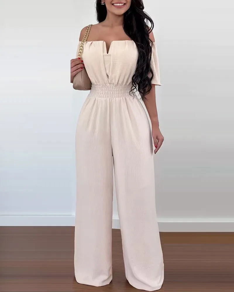 Summer New Women Sexy One Line Shoulder Solid Color Short Sleeve Jumpsuit Slim Elastic Waist Loose Straight Female Long Jumpsuit