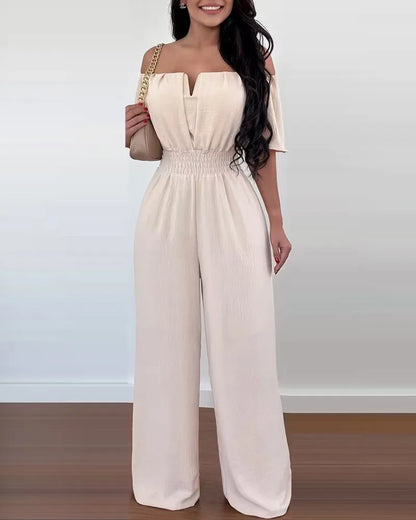 Summer New Women Sexy One Line Shoulder Solid Color Short Sleeve Jumpsuit Slim Elastic Waist Loose Straight Female Long Jumpsuit