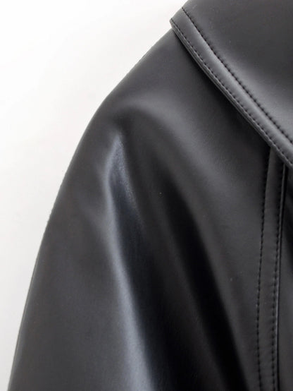 HH Women Fashion Black Short Faux Leather Trench Coat Long Sleeve Lapel Jacket With Belt Vintage Lady Motorcycle Jacket Outwear