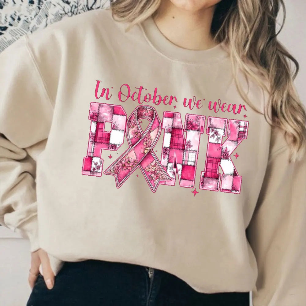 In October We Wear Pink Clothing Composite Creativity Pink Ribbon Tops Breast Cancer Women Modern and Trendy Streetwear Apparel