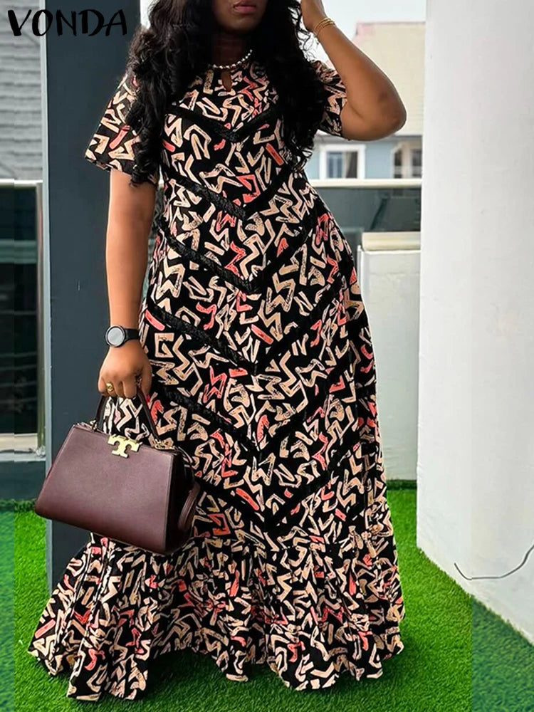 VONDA Women Vintage Maxi Dress Short Sleeve Summer Party Vestidos 2025 Casual Printed A-line Robe Bohemian V-Neck Long Sundress