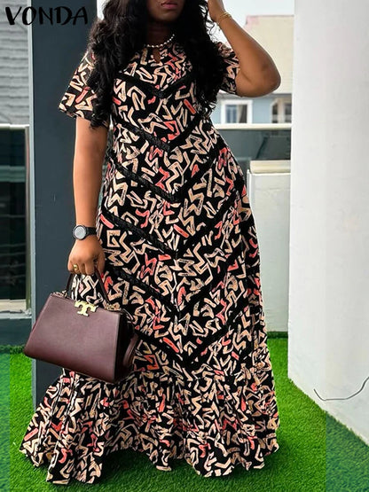 VONDA Women Vintage Maxi Dress Short Sleeve Summer Party Vestidos 2025 Casual Printed A-line Robe Bohemian V-Neck Long Sundress