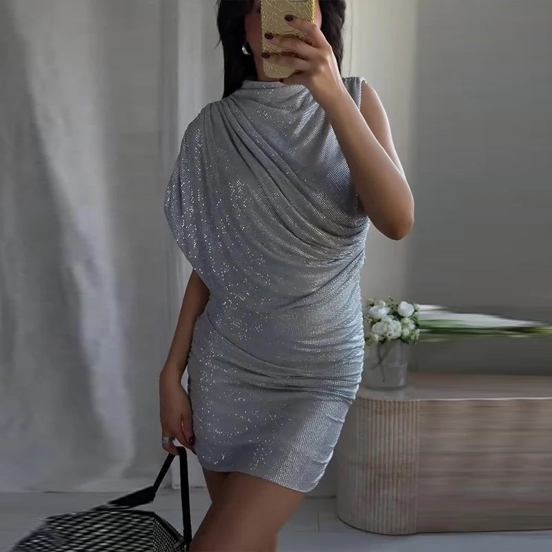Sexy Sequined Short Dress Women V Neck Pleated Waist-cinched Empire Hip Package Dresses 2026 Spring Chic Party Evening Robe Lady