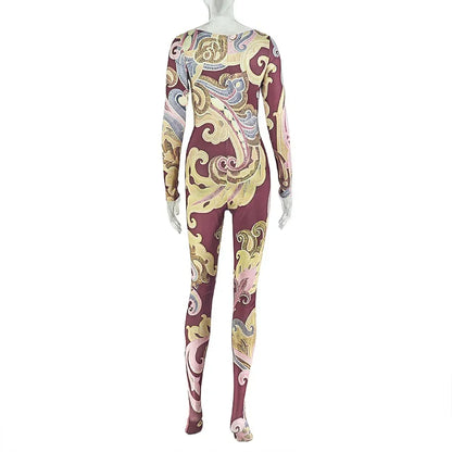 Printed Skinny Footed Jumpsuits Women Fashion O Neck Long Sleeve Peach Hips Slim Casual Streetwear Overalls Night Club Rompers