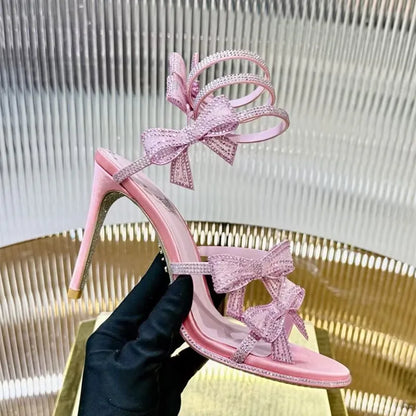 Luxury Rhinestones Mesh Bowknot Snake Coiled Women Gladiator Sandals Sexy Narrow band Thin High heels Summer Wedding Party Shoes