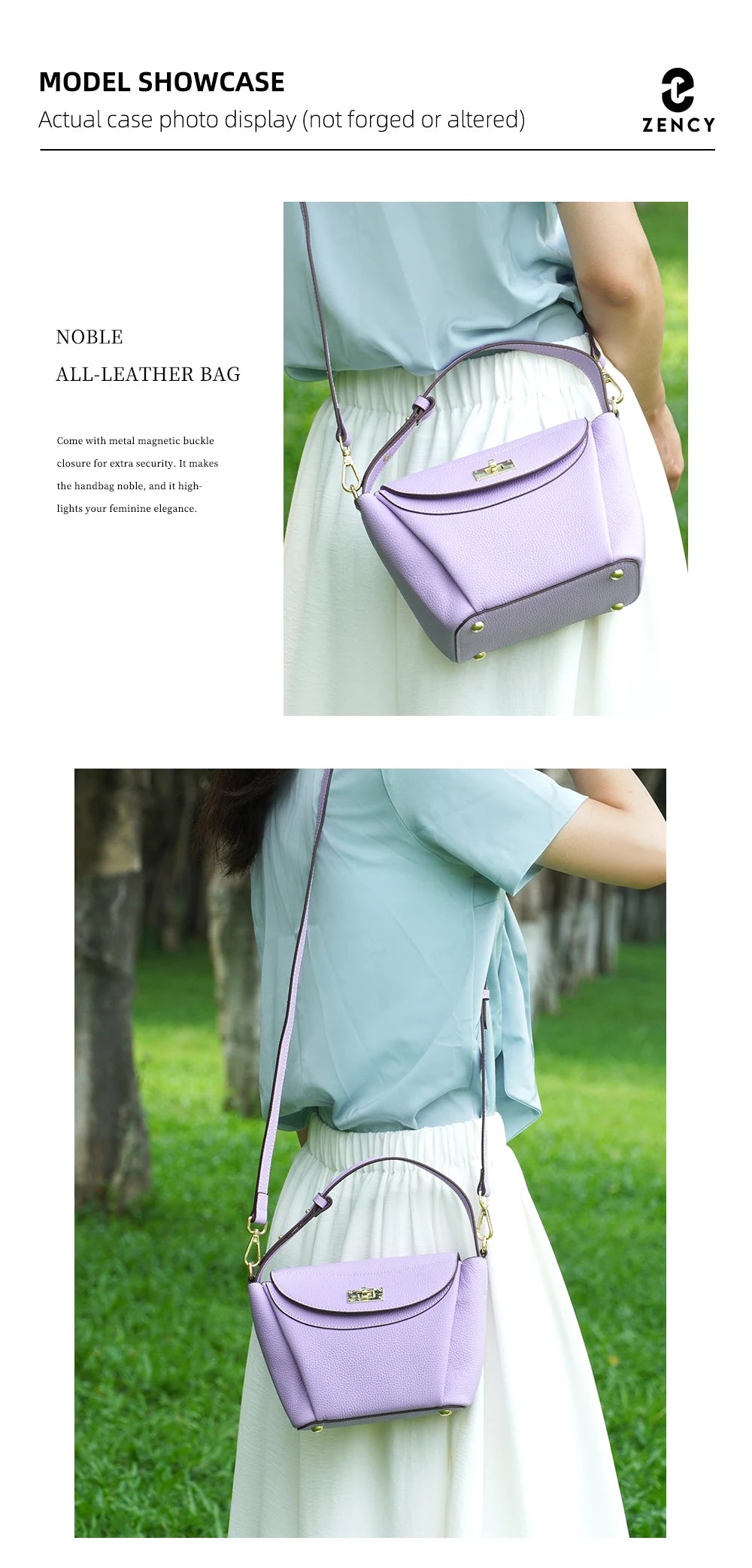 Zency Luxury Genuine Leather Tote Bag For Women Elegant High End Bag Shoulder Crossbody Handbag Top Handle Bags Noble Purple Bag