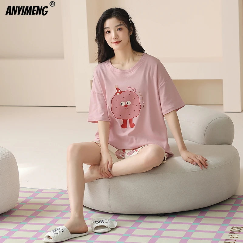 100% Pure Cotton Women Pajamas Summer Cartoon Print Pijamas Girls Nightwear Homewear Short Sleeve Sleepwear O-neck Loungewear